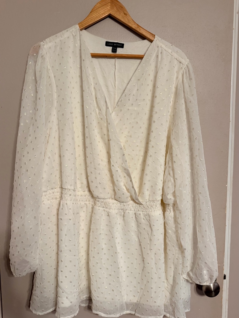 Lane Bryant Ivory Dotted V-Neck Peplum Blouse